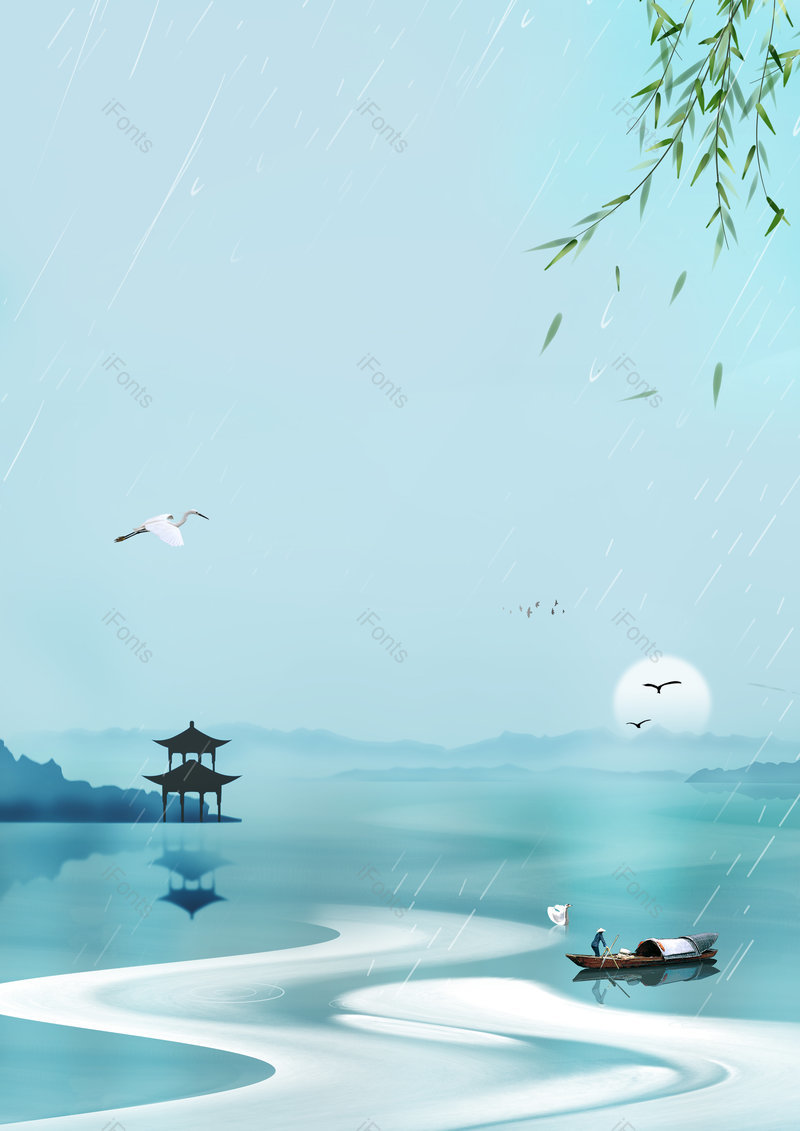 清明节水墨风白鹤小船倒影柳条雨点创意背景,插画/手绘图,插画/手绘图库,插画/手绘图下载,插画/手绘